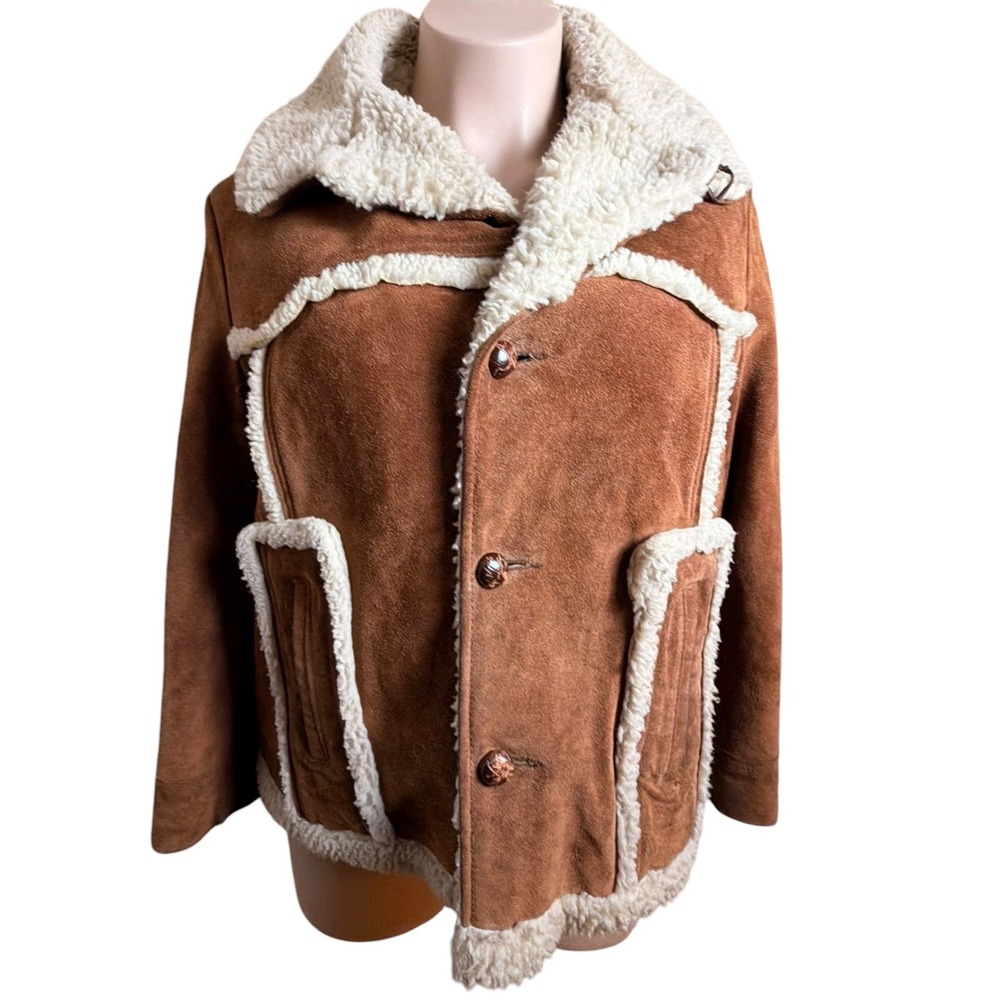 Vintage 70s Sears Leather Shop Suede Sherpa Ranch Coat Men 42R